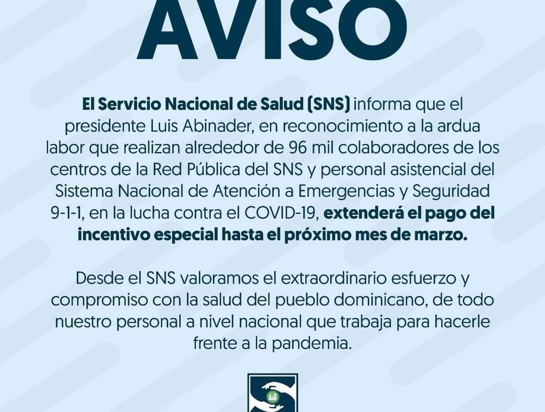 Gobierno dominicano extenderá pago de incentivo especial hasta el mes de marzo