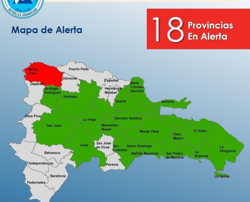ATENTOS – Montecristi en alerta Roja y otras 18 provincias en alerta verde