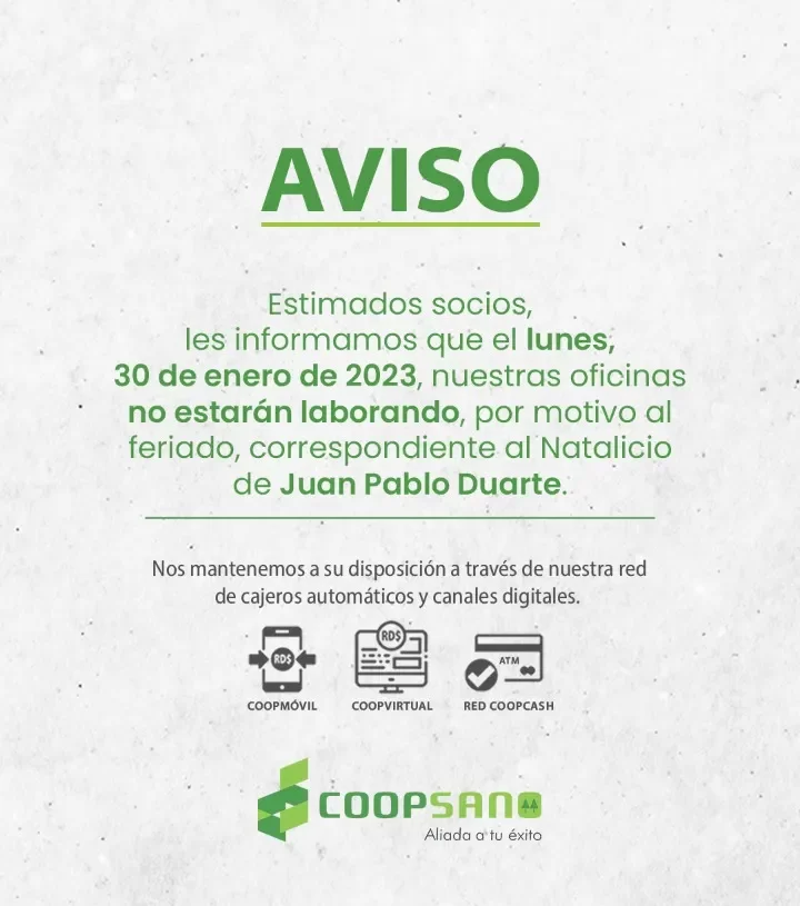 Coopsano informa a sus clientes sobre día no laborable