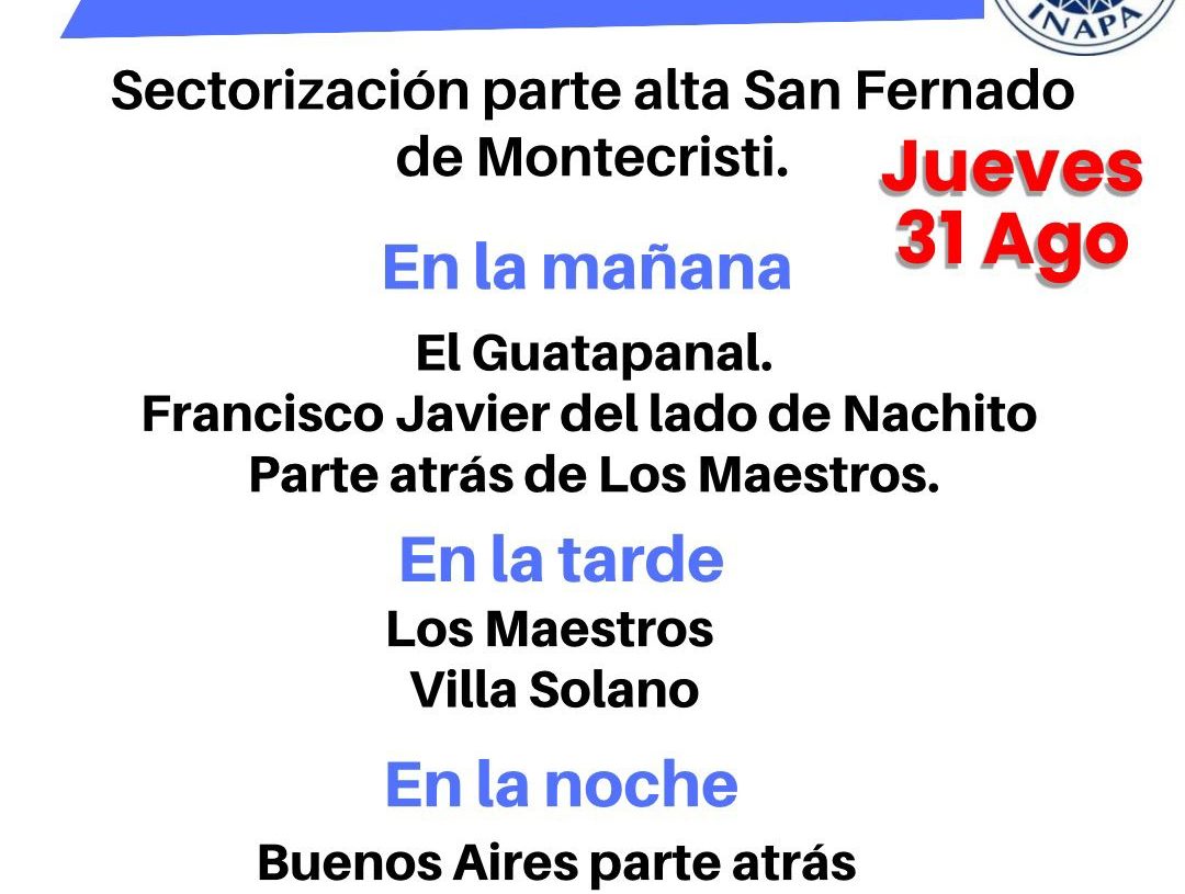 INAPA Montecristi da detalles de la sectorización temporal del suministro de agua en San Fernando.